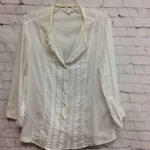 Charter Club Womens Button Front Shirt White Long Sleeve Cuff V Neck Crochet 16